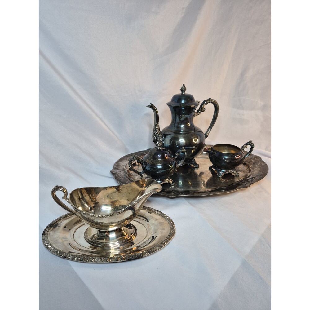 Vintage Silver-Plated Coffee/Tea Pot Creamer Sugar Set With Serving Tray & Gravy